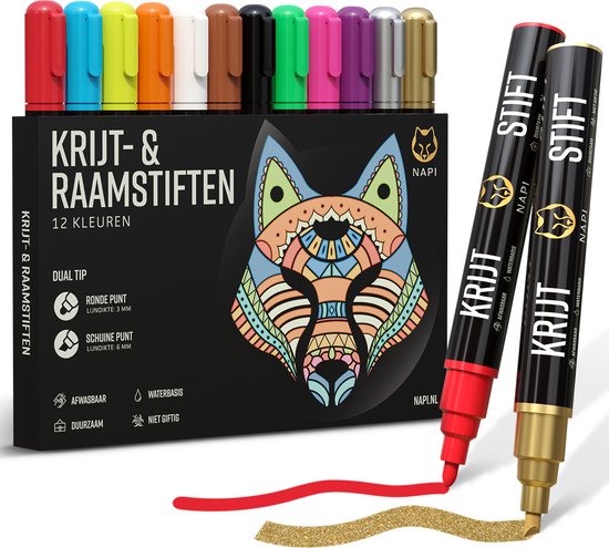 NAPI 12 Fenstermarker - abwaschbar - Kreidemarker für Tafel und Fenster - umkehrbare Spitze 3-6 mm - Whiteboard-Marker - Whiteboard-Marker - Kreidemarker - Glasmarker - Kreidemarker - Porzellan - Glas - 12 Farben