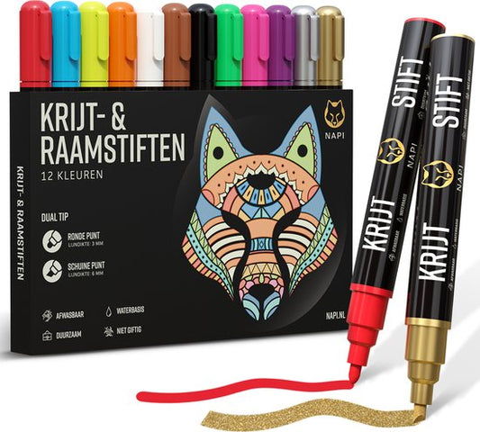 NAPI 12 Fenstermarker - abwaschbar - Kreidemarker für Tafel und Fenster - umkehrbare Spitze 3-6 mm - Whiteboard-Marker - Whiteboard-Marker - Kreidemarker - Glasmarker - Kreidemarker - Porzellan - Glas - 12 Farben