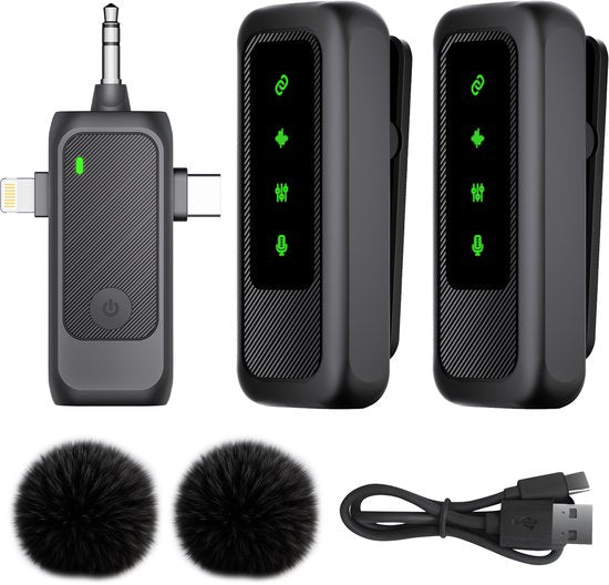 Nuvance Drahtloses Mikrofon - 2 Stück - Drahtloses Mikrofon - Mini Krawattennadelmikrofon - Lavalier - 3 in 1 - Inkl. 2 Windschütze
