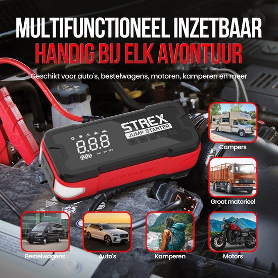 Strex - 12V Starthilfe mit Kompressor - 4000A - 24.000 mAh - 5-in-1 Funktion mit Led-Taschenlampe & SOS - Inklusive Hardcover-Tasche - Kunststoff - Schwarz & Rot