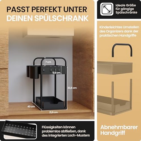 HELDENWERK - Spültischorganisation & Küchenorganisation - 2 Stück - Schwarzer ABS-Kunststoff - Ausziehbar mit 2 Ebenen - Für Küche & Bad - Inklusive Haken & Tabletts - Maximaler Stauraum