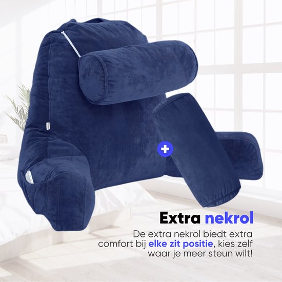 Q-Living XXL Lesekissen mit extra Nackenrolle - Relaxkissen - Sitzkissen - Rückenstütze - Lesekissen fürs Bett - Blau