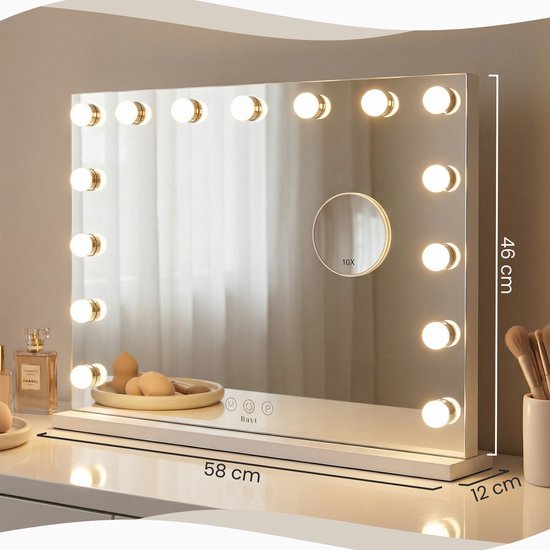 Bayt Hollywood Spiegel mit Beleuchtung - Make-up Spiegel mit Beleuchtung - Spiegel mit Beleuchtung - dimmbar - 10x Vergrößerung - 58x46cm - Weiß