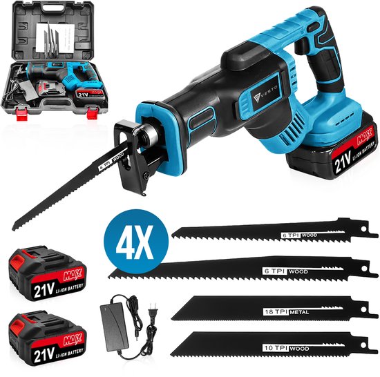 Vesto® Akku-Stichsäge - 21V Li-Ion - Inkl. 2 Akkus, Sägeblätter & Koffer - 25mm Hub - Für Holz, Metall & Kunststoff - Schnellwechselsystem - Kabellos