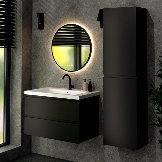 Mirlux Badmöbel Matte Schwarz 80 cm - Waschbecken Weiß - Badmöbel - Waschbecken Matte Schwarz