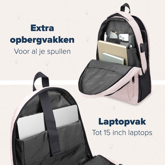 TRVLMORE Rucksack - 28L - 15.6 Zoll - Laptop-Rucksack mit USB - Anti-Diebstahl - Männer und Frauen - Tasche Pink