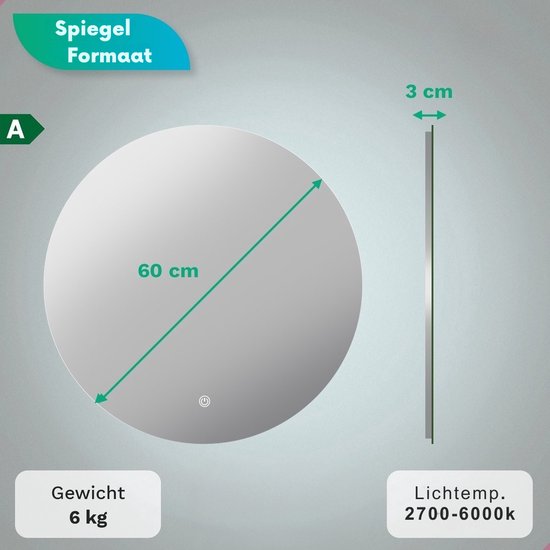 Mirlux Badezimmerspiegel - Rund 60 cm - LED-Beleuchtung & Heizung - Anti-Beschlag-Duschspiegel - Rahmenlos
