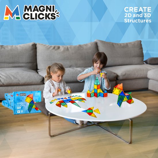 MagniClicks Magnetic Tiles 35 Stück - Magnetisches Spielzeug - Montessori - Magnetische Fliesen - Bausteine