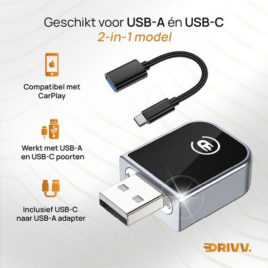 Drivv. 2-in-1 CarPlay Dongle - USB-C & USB-A Anschluss - Wireless CarPlay - Schwarz