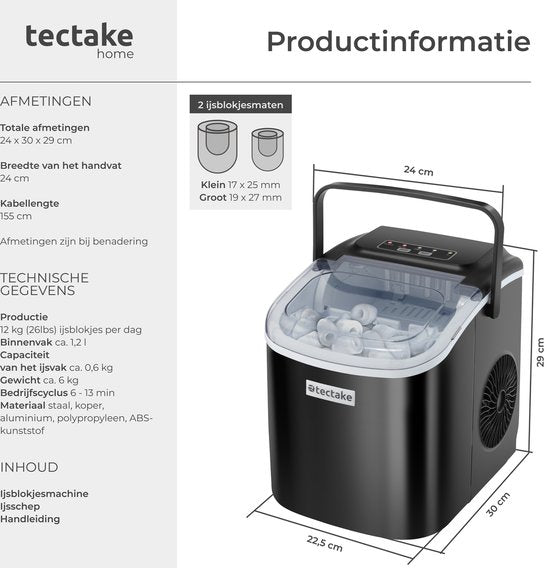 tectake® Eiswürfelbereiter Arctic - 1.2L - 2 Eiswürfelgrößen - Eismaschine - Eiswürfelbereiter mit Eisportionierer - Schwarz