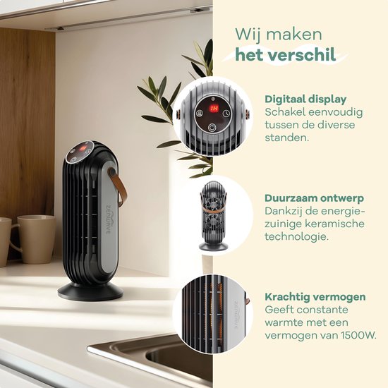 Zenwave Elektroheizgerät mit Display - Kompakter 1500W Heizlüfter - Heizgerät mit 2 Heizmodi und 1 Lüftermodus - Elektrische Heizung für Innen und Außen - Schwarz