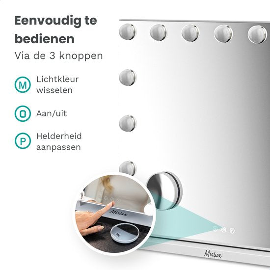 Mirlux Hollywood Mirror 58x48CM - Bluetooth-Spiegel mit 2 Lautsprechern - Schminkspiegel mit Beleuchtung - 15x LED-Lampen - 3 Lichtmodi - 10-fache Vergrößerung - Hollywood-Spiegel mit USB & USB-C - Luxuriöser weißer Schminkspiegel für Schminktisch oder Ba