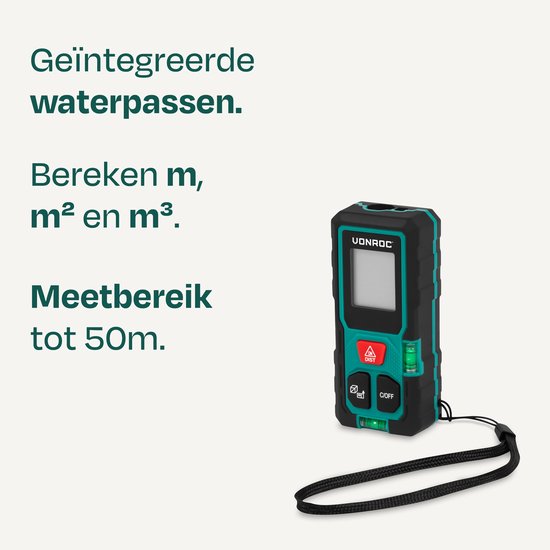 VONROC Laser-Entfernungsmesser – 50 Meter Reichweite – Sehr kompakte Bauweise – Misst Entfernung, Fläche, Volumen, nach dem Satz des Pythagoras – Inkl. praktischer Rechenfunktionen – Inkl. Batterien