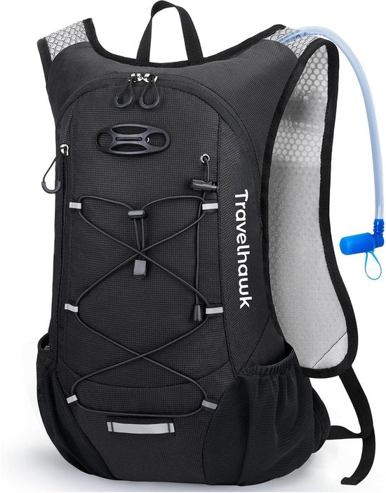 Travelhawk Trinkrucksack - Laufrucksack - Geeignet für 2L Wassersack - Wasserabweisend, leicht, reflektierend - 12L - Schwarz