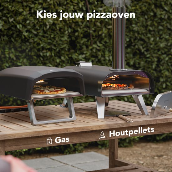 KitchenBrothers Pizzaofen - Holzbefeuert - Tischmodell - Zusammenklappbar - PFAS-frei - Pizzastein - bis zu 460°C - Pizzabäcker - Komplettset - Pizzaofen für draußen - Schwarz/RVS