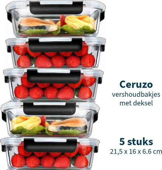 Ceruzo Meal Prep Trays - 5 Stück Frische-Schalen - Borosilikatglas- Luftdicht- 21,5 x 16 x H6,6 cm