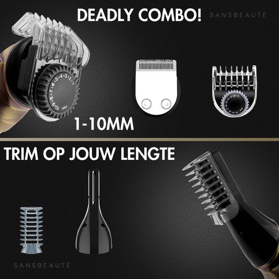 9-in-1 Bartschneider Herren - Sansbeauté® Trimmer für Bart und Körper - Inkl. 9 Aufsätze - Bodygroomer Herren - Body Trimmer Herren - Haartrimmer - Clippers - 0.5-15MM - Nase und Ohren - Trimmer - Bartmaschine - Multigroomer