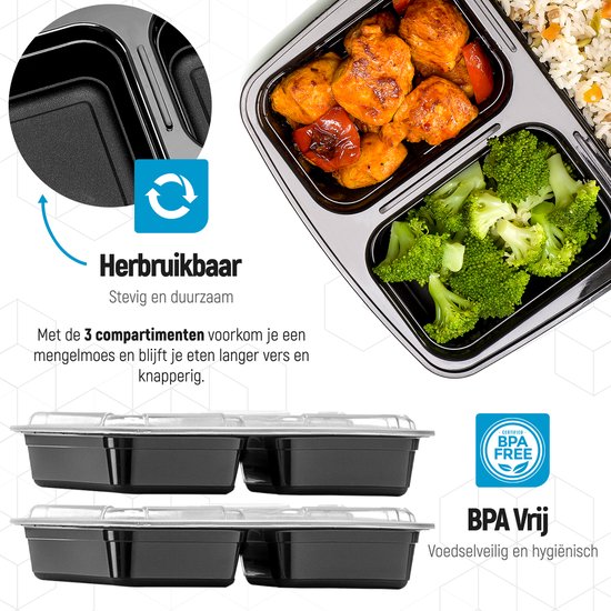 Fitcrafters Meal Prep Trays - Frischhalteschalen - Tiefkühlschalen - 14 Stück - 3 Fächer - 1L - BPA frei