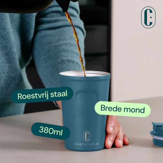 Castagnola Thermos Cup - Kaffeebecher To Go - Reisebecher für Kaffee und Tee - Teebecher - 380 ML - Edelstahl - Blau