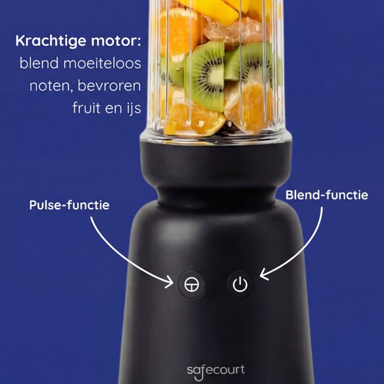 Safecourt Kitchen PureBlend - 1000W Smoothie Maker - BPA frei - inklusive To-Go Trinkdeckel + Strohhalm - Premium Tritan Becher - Schwarz