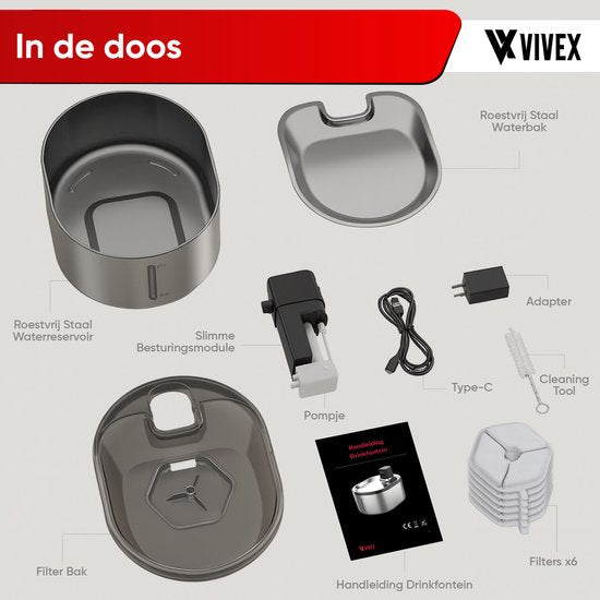 Vivex® Kabelloser Trinkbrunnen - Edelstahl - 4,5 Liter - Trinkbrunnen für Katzen und Hunde - Mit Sensor und Batterie - Inkl. 6 Filtern und Reinigung - Flüsterleise