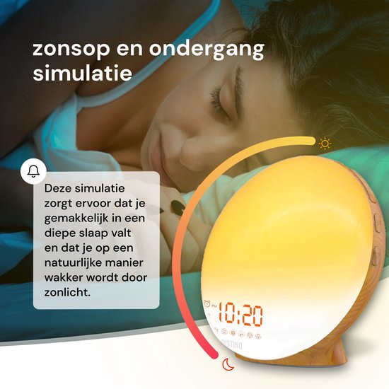 DistinQ Wake-Up Light - Radiowecker mit zweifacher Weckzeit - Einschlafhilfe mit USB-Anschluss - Holzfarbe