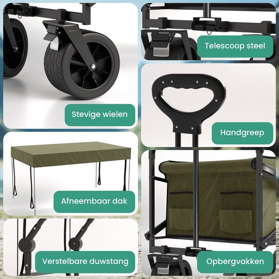 Avalo Bolderkar mit Dach XL faltbar - bis zu 110KG Tragfähigkeit - 120L - 97x60x105 CM - 360º Räder - Bolderwagen / Bolderwagen / Strandwagen / Trekkingwagen / faltbarer Bolderkar - Für Strand - Grün