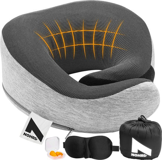 NOHRD Aircraft Neck Pillow - Reisekissen - Grau - Memory Foam - Inkl. Ohrstöpsel, Schlafmaske & Tragetasche - Memory Foam - Nackenstütze