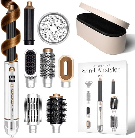 Sansbeauté® 8-in-1-Lockenbürste - Mit Diffusor und Aufbewahrungsbox - Multistyler - Fönbürste für kurzes Haar - Haarstyler - Haartrockner - Wärmebürste - Lockenbürste - Lockenstab - Stylingbürste - Drehkabel