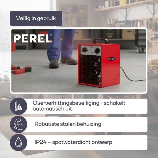 Perel Elektroheizlüfter 3300W, 2 Heizstufen, Thermostat und Kühlbetrieb, IP24, mit Überhitzungsschutz, kompakter tragbarer Heizer für Werkstatt, Garage, Hobbyraum