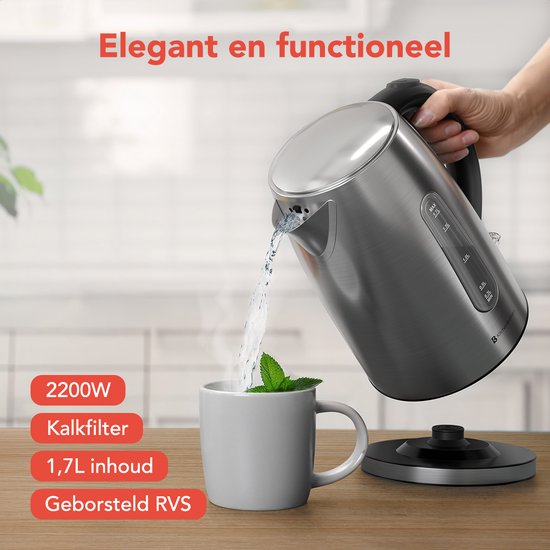 KitchenBrothers Wasserkocher - Elektrisch - 1,7L - 2200W - Edelstahl - Silber