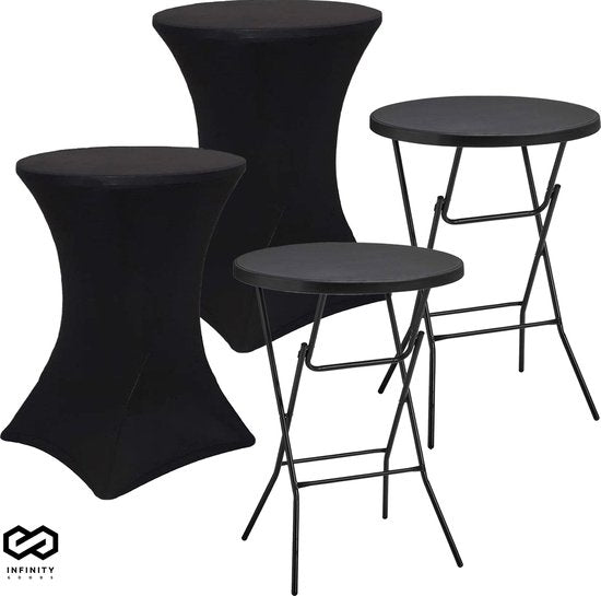 Infinity Goods 2x Stevige Zwarte Statafel + 2x Zwarte Statafelrok - Partytafel - Robuust en Weersbestendig - Inklapbaar - 80cm x 110cm - Feest