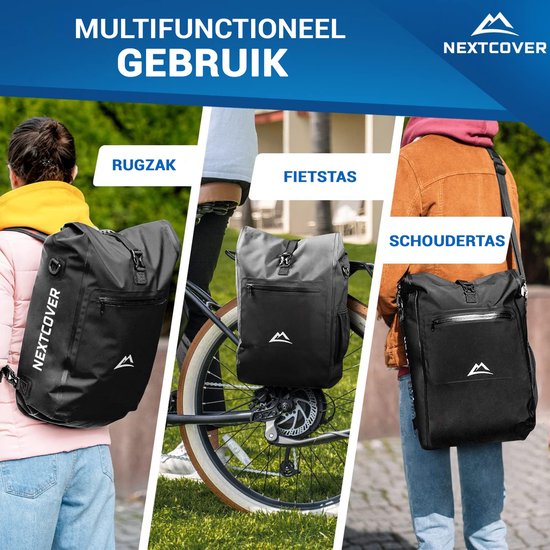 NEXTCOVER® NEW 3-in-1 Fahrradtasche für Gepäckträger [Aquashield] - Reflektierende Gepäcktasche wasserdicht - Rucksack und Umhängetasche [25 Liter]- Schwarz