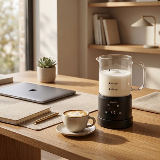 Kitchify Milchschaumer aus Glas – Elektrischer Milchschaumer – Mit Ausgießer – 4-in-1 – Milk Frother – Schwarz