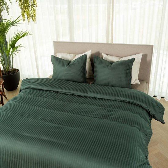 Kayori Elin Bettbezug aus Baumwollsatin – 240 x 200–220 cm + 2 Kissenbezüge – Einzelbetten – Dunkelgrün