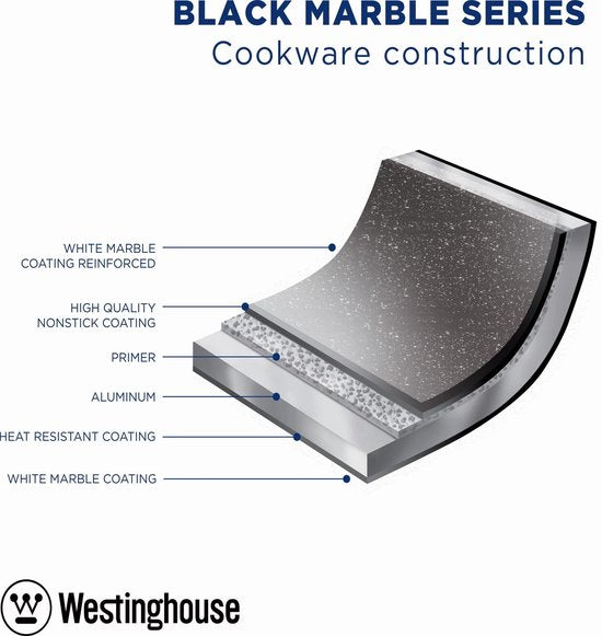 Westinghouse Black Marble Kasserolle - 28 cm – Antihaftbeschichtung – Induktion geeignet – PFOA-frei – Backofenfest bis 160°C - Schwarz