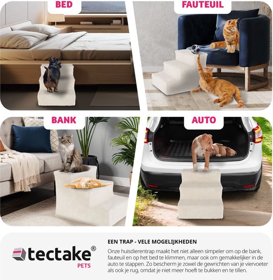 tectake Hundetreppe oder Katzentreppe, Haustiertreppe, Einstiegshilfe mit waschbarem Bezug, extra flache Stufen, Haustiertreppe für Sofa, Bett oder Auto (beige, 37 x 45 x 34,5 cm, 3)