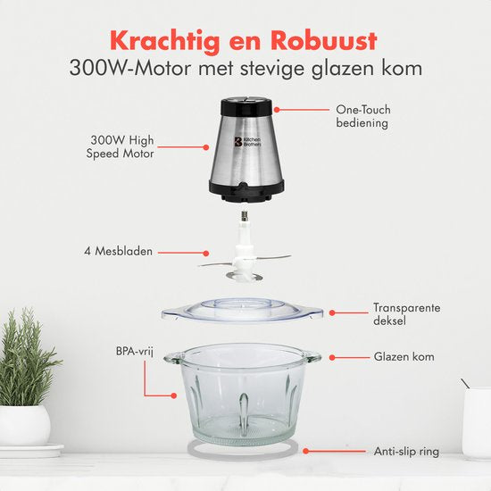 KitchenBrothers Zerkleinerer - Lebensmittelzerkleinerer - Elektrisch - 2 Geschwindigkeiten - 300W - 1.8L - Glasschüssel