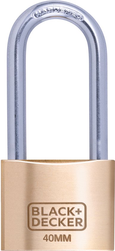 BLACK+DECKER Vorhängeschloss - 40mm - Langer Bügel - Inkl. 3 Schlüssel - Massivmessingschloss