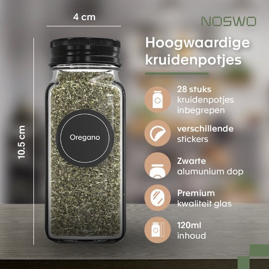 Noswo Gewürzregal Schublade - Mit 28 Gläsern - Komplettset - Quadratisch - Streudeckel und Etiketten - Gewürzorganisator - Küchenschubladenorganisator - Schwarz