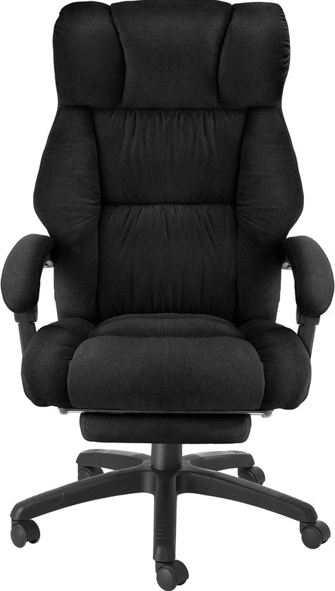 tectake® Luxus-Bürostuhl - Ergonomischer Chefsessel mit Fußstütze und Kopfstütze - Stuhl für Büro oder Schreibtisch mit dicker Velours-Polsterung - Bürostühle für Erwachsene - leichtgängig drehbar, mit Rädern - Rückenlehne und Höhe verstellbar - Schwarz