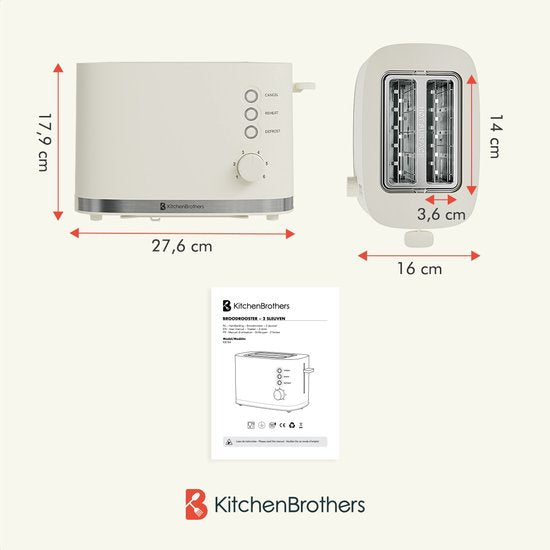 KitchenBrothers Toaster - Toaster - 6 einstellbare Wärmestufen - 2 extra breite Schlitze - 870W - Beige