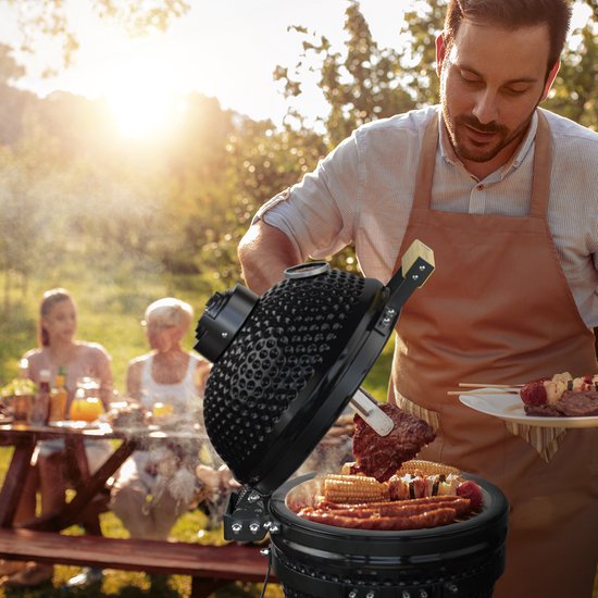 KitchenBrothers Kamado BBQ - 13 Zoll Holzkohlegrill - 27⌀ cm - Deluxe Set - Eiergrill mit Zubehör inklusive Abdeckung - Schwarz