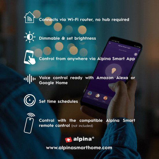 alpina Smart Home RGB Lampe - GU10 - 5W - WW + RGB - Intelligente Beleuchtung - LED - App Steuerung - Sprachsteuerung - Amazon Alexa - Google Home