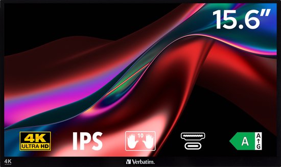Verbatim - 15,6" tragbarer 4K-Touchscreen-Monitor PMT-15-4K - 357,1 x 215 x 12 mm - mit IPS-Technologie und HDR sowie 10-Punkt-Multi-Touch und verstellbarem Ständer - für Spiele und den geschäftlichen Einsatz - Schwarzes Aluminium