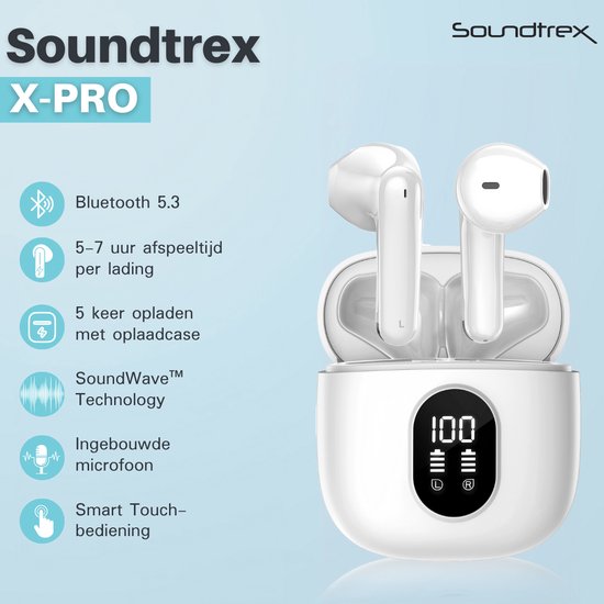 Soundtrex X-Pro Wireless Earphones - Bluetooth-Ohrhörer - Earpods kabellos - LED-Anzeige - Bluetooth 5.3 - Weiß