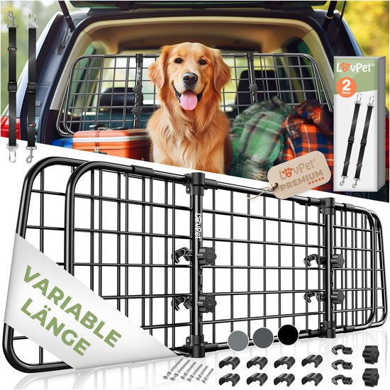 LovPet® Hundehalterung Auto, Universal-Autotrennwand, verstellbare Breite, Kopfstütze Gepäckablage Kofferraumschutz Abmessungen HxB 30 x 91-153 cm , + 2x Sicherheitsgurt für Hunde - Schwarz