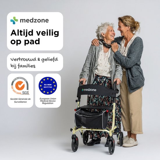 Medzone Rollator leicht und faltbar - Sitzfunktion - für drinnen und draußen - Rückenlehne und Gehstockhalterung - Champagner - Gold