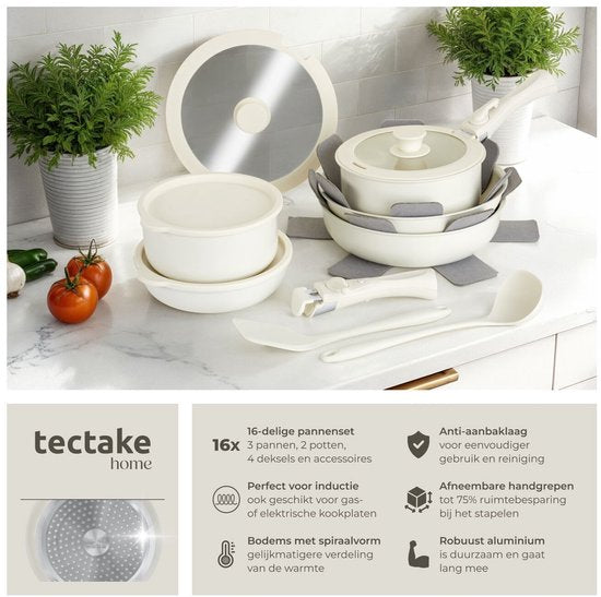 tectake® 16-teiliges modernes Pfannenset - 3 Bratpfannen - 2 Kochpfannen - Induktionsgeeignet - Inklusive Deckel, abnehmbare Griffe und Schutzkappen - Pfannen aus Aluminium mit keramischer Antihaftbeschichtung - Backofenfest bis 175° - Weiß