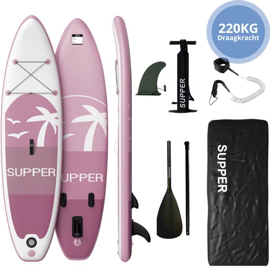 Supper Sup Board XL - Max 220KG - Aufblasbar - Paddle Board - Wasserdichte Handytasche - Pumpe - Finne - Leash - Tragetasche - 335 x 81 cm - Pink